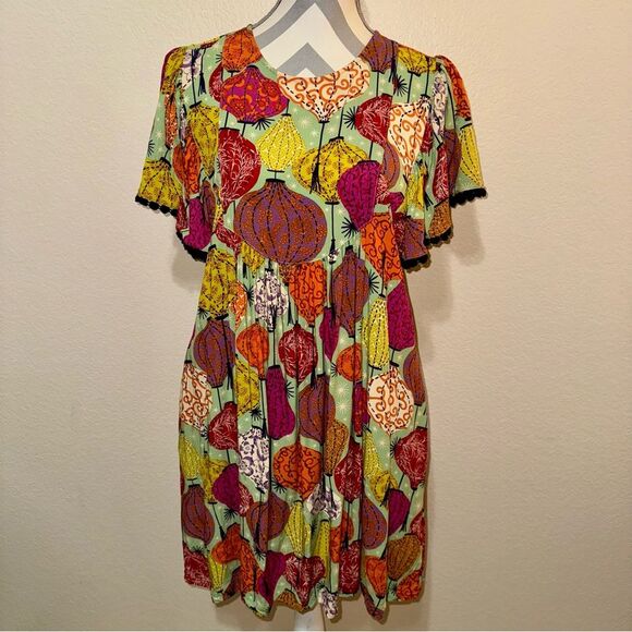 Uncle Frank Chinese Lantern Print Multicolor Short Sleeve Rayon Mini Swing Dress - Picture 15 of 15